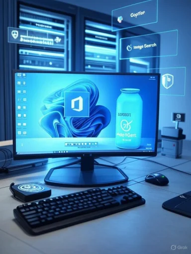 A computer workstation in a server room with holographic dashboards and a Windows monitor.