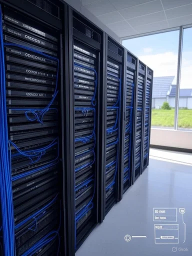 Rows of server racks in a data center with blue network cables and bright natural light.