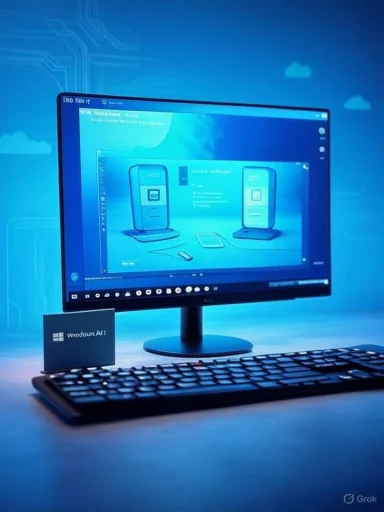 Blue-toned desk setup featuring a monitor, keyboard, and a small business card.