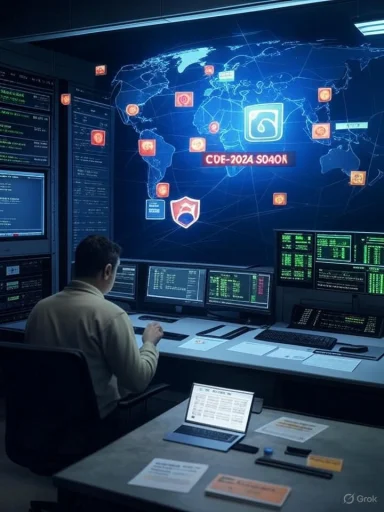 An analyst monitors a global map and multiple screens in a security operations center.