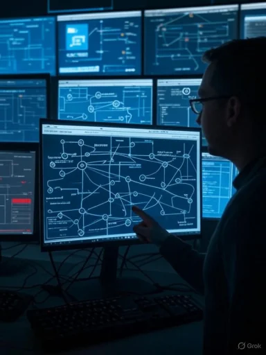 A technician analyzes complex network diagrams across multiple screens.
