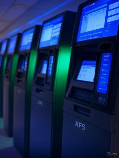 A row of blue-lit XFS self-service kiosks.