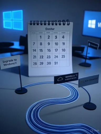 Windows-themed desk display featuring an October calendar, glowing logos, and winding blue cables.