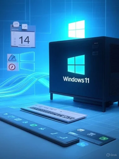 Windows 11 PC with a glowing blue futuristic interface and keyboard.