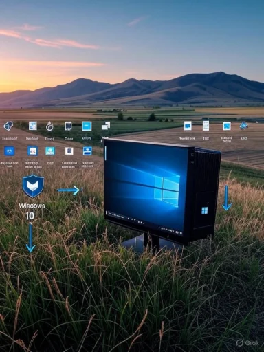 A Windows 10 desktop sits in a grassy field with distant mountains in the background.