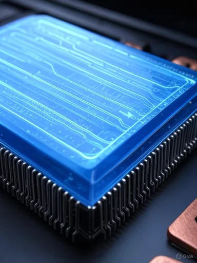 Close-up of a blue translucent IC package atop a multi-fin computer heatsink.