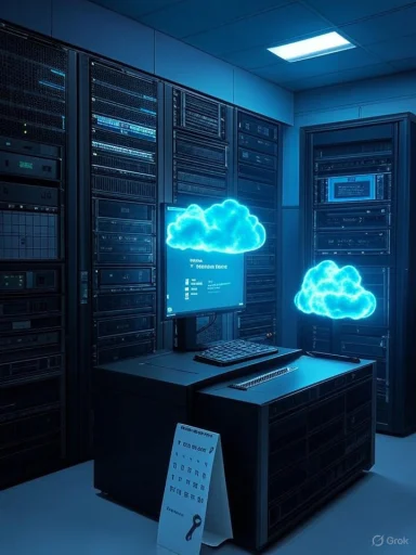 Server room with blue cloud icons hovering over a workstation.