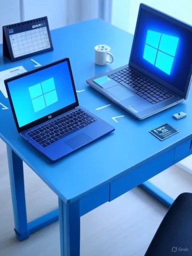 Two laptops displaying Windows on a blue desk.