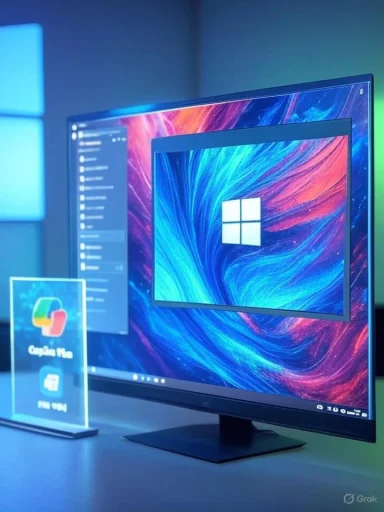 A sleek monitor glows with a vibrant Windows wallpaper and logo on a blue-lit desk.