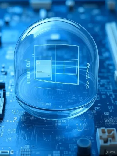 A glass dome sits over a blueprint-style chip layout on a blue circuit board.