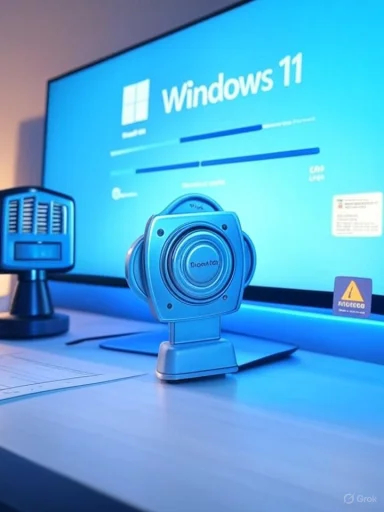 A blue camera-shaped desk ornament sits in front of a Windows 11 setup with blue lighting.