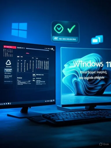 Dual-monitor Windows 11 desktop setup bathed in blue light with keyboard and mouse.