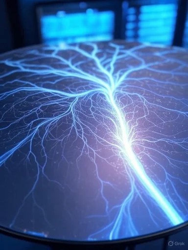 A blue-lit circular surface with a glowing, branching vein-like network.