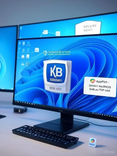 A desktop monitor on a desk shows a blue wallpaper with a large KB logo on the screen.