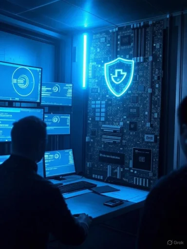 Security lab where analysts monitor multiple screens beneath a glowing neon shield on a circuit-board wall.