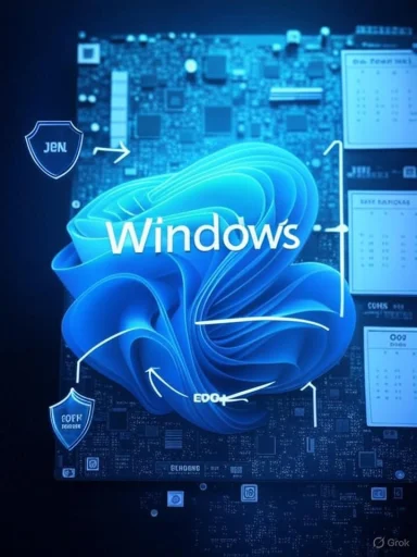 Windows logo over a blue, swirling graphic on a circuit-board background.