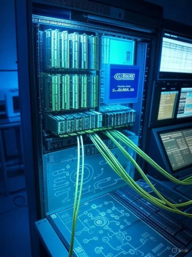 Blue-lit server rack with blade servers and neon-green cables.