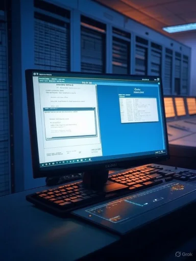 A desktop workstation in a server room, monitor displaying documents.