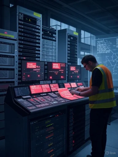 Technician in a hi-vis vest monitors red-lit control panels in a data center.