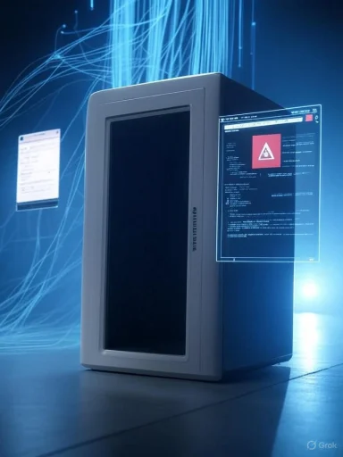 A futuristic desktop tower with floating holographic screens against a blue neon backdrop.