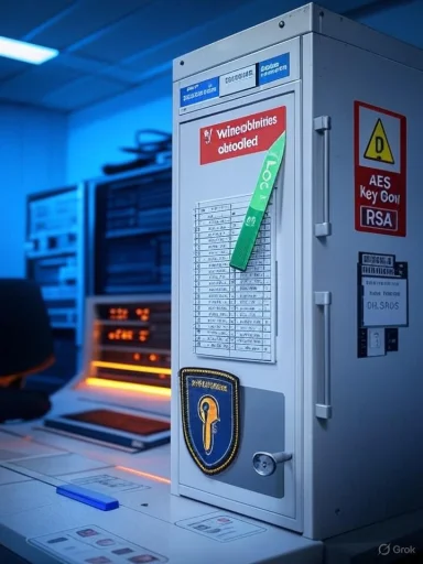 Blue-lit data cabinet in a control room, covered with stickers and a security shield.