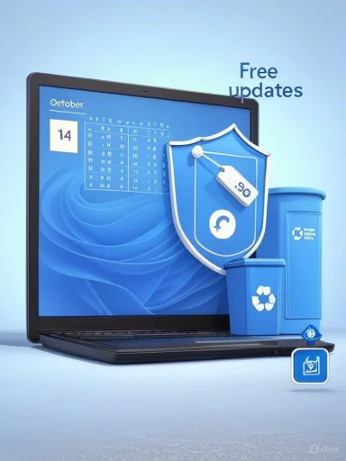 Blue laptop with a security shield promoting free updates beside recycling bins.