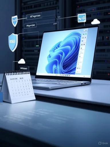 A laptop on a desk in a data center, surrounded by floating security and cloud icons.