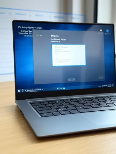 A silver laptop on a wooden desk displays a Windows setup screen.