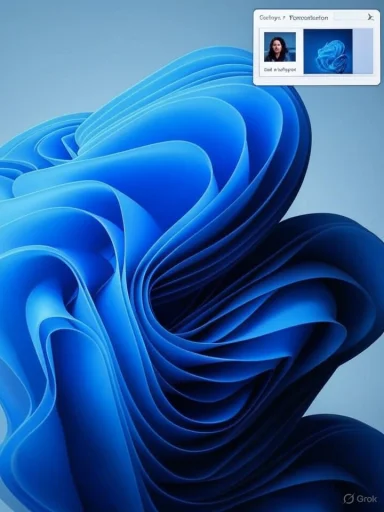 Blue abstract wallpaper with swirling ribbon-like shapes and a small notification pop-up in the upper-right.