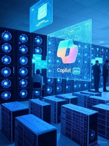 A futuristic data center with blue-lit server racks and a holographic Copilot display.