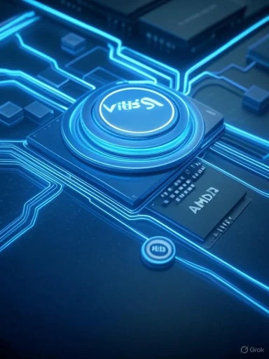 Futuristic blue circuit board with a glowing circular Vitis chip at the center.