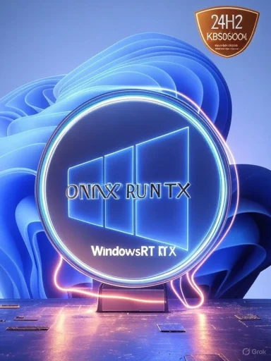 A glowing neon blue circular display with a Windows-like logo and text against an abstract blue background.