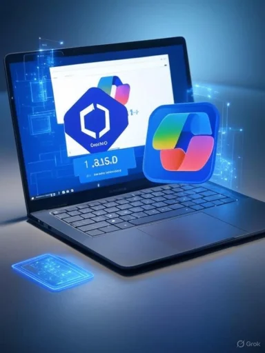 A laptop emits blue holographic icons, including a blue hexagon and a colorful logo floating above the keyboard.