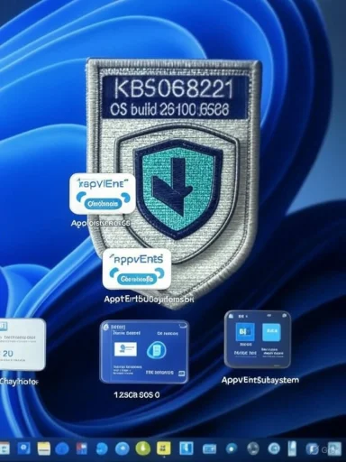 Desktop wallpaper shows a metallic shield patch with several app icons around it.