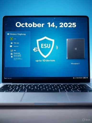 Laptop screen shows a blue tech slide with an ESU shield and the date October 14, 2025.