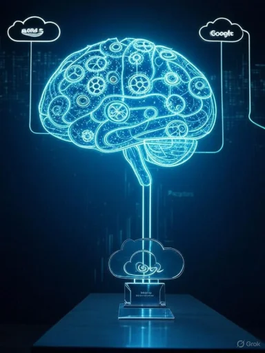 Blue neon brain with gears, connected to cloud icons, on a pedestal.