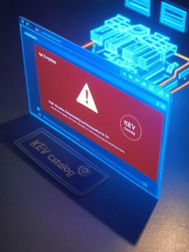 Neon blue computer screen displays a red warning with a white triangle and futuristic circuitry.