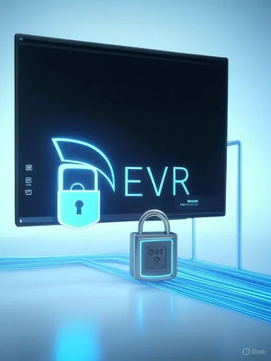 Neon blue screen shows the EVR logo with a padlock, signaling cybersecurity.