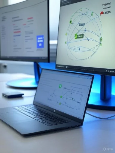 A laptop and two large monitors show an intricate network diagram and dashboards.
