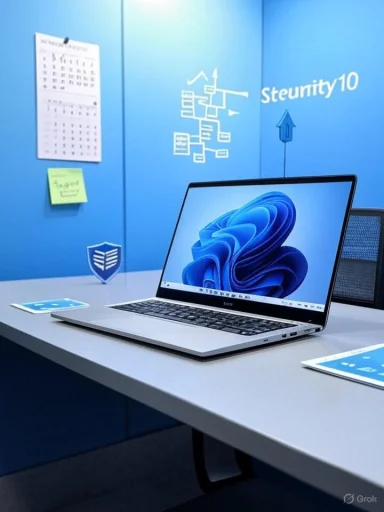 A sleek laptop on a white desk in a blue office with charts and wall branding.