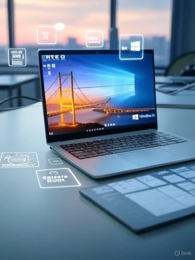 A sleek laptop on a desk with glowing holographic UI icons projected around it.