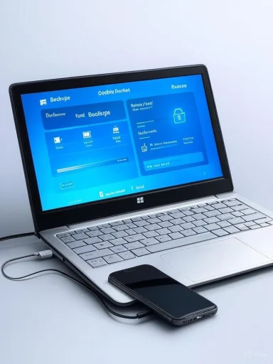 A silver laptop displaying a blue UI sits open, with a black smartphone resting on its keyboard.