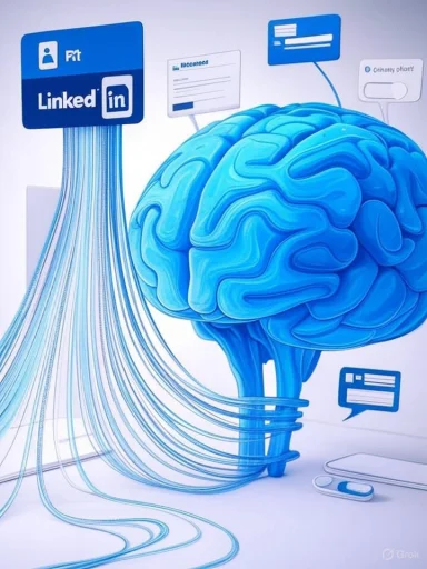 A blue brain connected to data cables and social media icons, symbolizing digital neural networking.