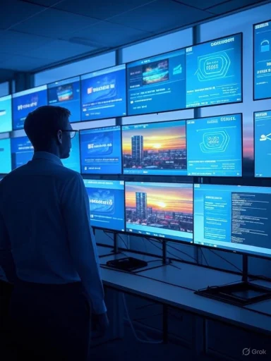 A man monitors numerous blue-lit screens in a high-tech control room.