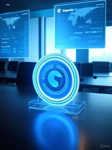 A glowing blue holographic circular coin sits on a clear stand in a futuristic control room.