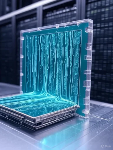 Transparent acrylic enclosure reveals a turquoise PCB with flowing fluid channels.