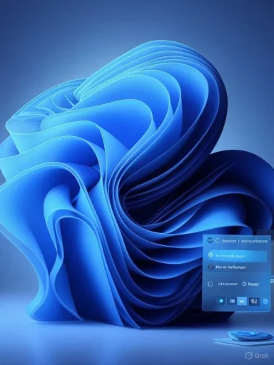 A blue abstract sculpture of layered, curling curves with a translucent UI panel in the bottom-right.