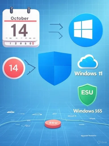 A tech-themed collage showing October 14, Windows 11, a shield, cloud, and ESU badge.