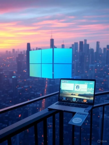 Laptop on a balcony overlooking a sunset city skyline with a glowing Windows logo.