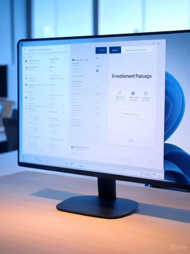 A widescreen monitor on a wooden desk displaying a multi-panel software interface.